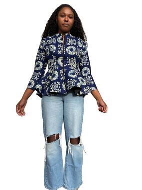 African Print Peplum Zip-Up Jacket  Top